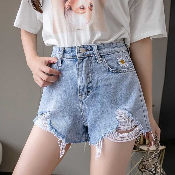 

women's jeans 2020 new embroidery small daisies high waist was thin and ripped wide-leg pants edges, Blue