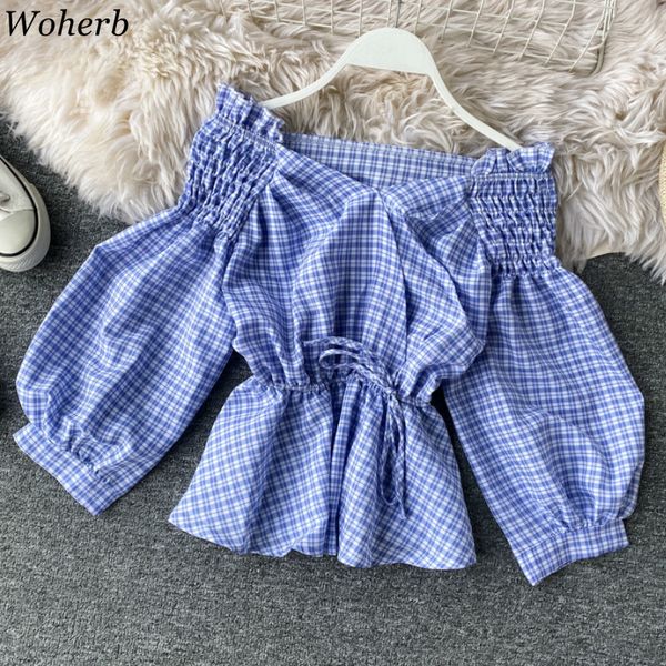 

woherb v neck long lantern sleeve plaid shirts slim waist lace up sweet blouse women shoulder stretch korean fashion new 91517, White