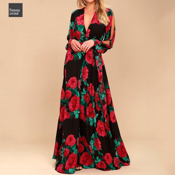 

горячие продажа женщины длинные платья роза printing v шеи sexy vestidos de long sleeve festa лета богемское с длинным рукавом платье, Black;gray