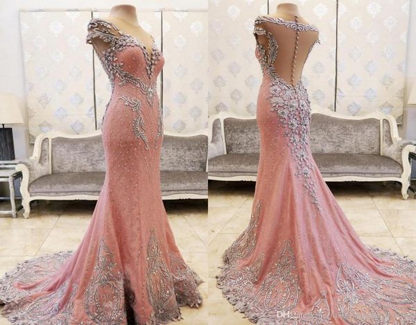 

luxury lace crystals beaded pink prom dresses sheer neck mermaid back covered buttons sweep train saudi arabia evening prom dresses dh1806, Black;red