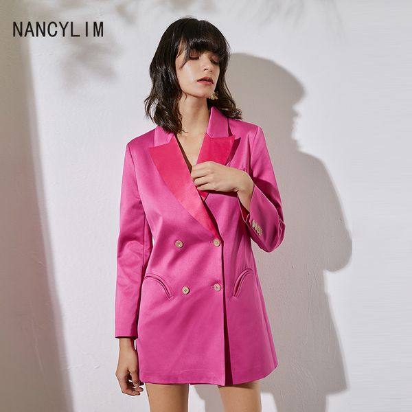 

spring autumn new suit neck double-breasted h-type crescent pocket design long blazer women fashion blazers coat nancylim, White;black