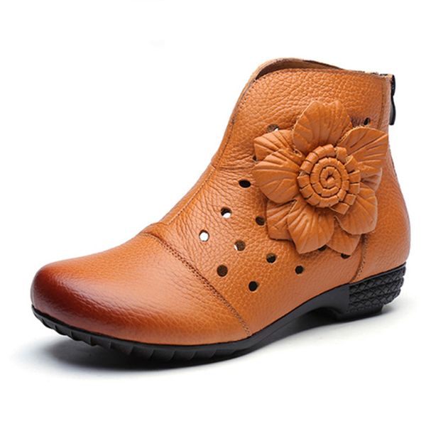 

autumn women's genuine leather shoes vintage flower hollow out cowhide boots retro comfortable low heel female boot, Black