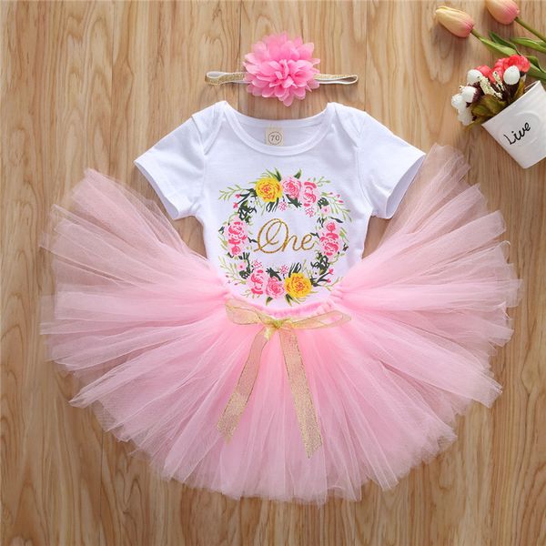 

clothing sets summer letter floral printing short sleeve romper solid color mesh skirt headwear set baby girls breathable jumpsuit, White