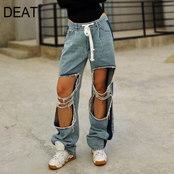 

deat] 2020 spring быстрая доставка женщины джинсовый jaens кулиской big hole нищий straight design улица новая мода tide clothap253, Blue