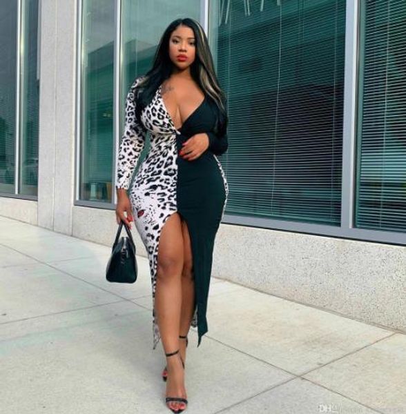 

leopard women bodycon dresses panelled animal pattern split up dresses women long sleeve skinny dresses, Black;gray