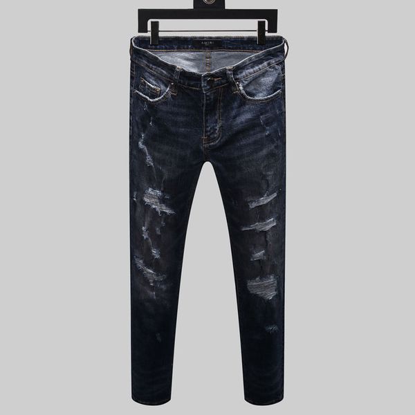 

европа и америка высокой уличной моды отверстие джинсы мужская мода ностальгия темно-синий мыть slim мужские дизайнерские джинсы, Blue