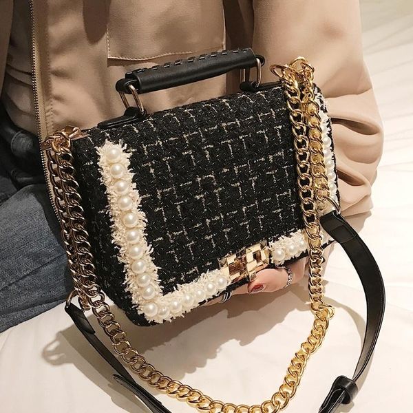 

designer- fashion new female square tote bag quality woolen pearl women's designer handbag ladies chain shoulder crossbody bag