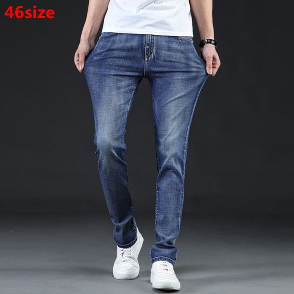 

summer new thin men's jeans summer stretch slim light blue straight large size mid-rise jeans 46