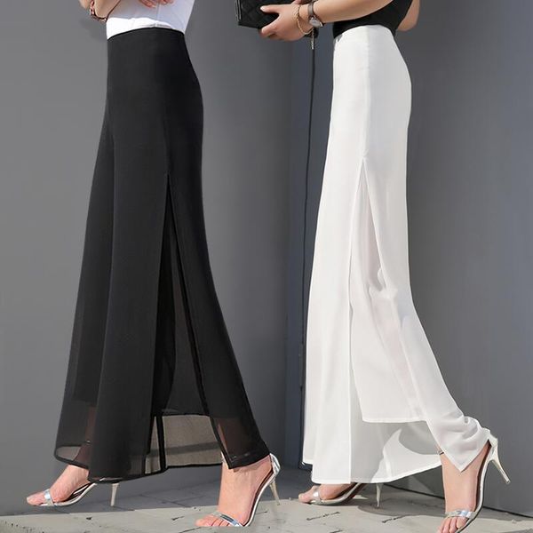 

chiffon skirt, high waist trousers, large skirt, mesh yarn, loose swing pants, straight tube, casual pants, split wide leg pants, female, Black;white