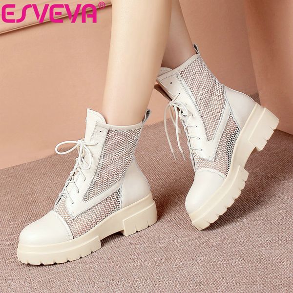 

esveva 2019 med heels women shoes round toe ankle boots summer shoes hollowing out lace up spring autumn woman boots size 34-42, Black