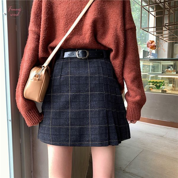 

winter casual plaid women mini skirt korean a line above knee polyester sashes skirts sweet cute students high waist vintage sk, Black