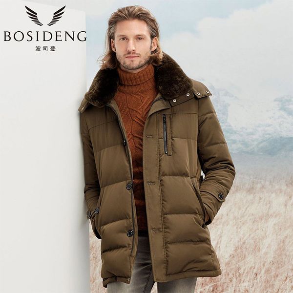 

bosideng 2017 new male down jacket for men mid-long down coat hooded real natural fur collar winter thicken b70141029, Black