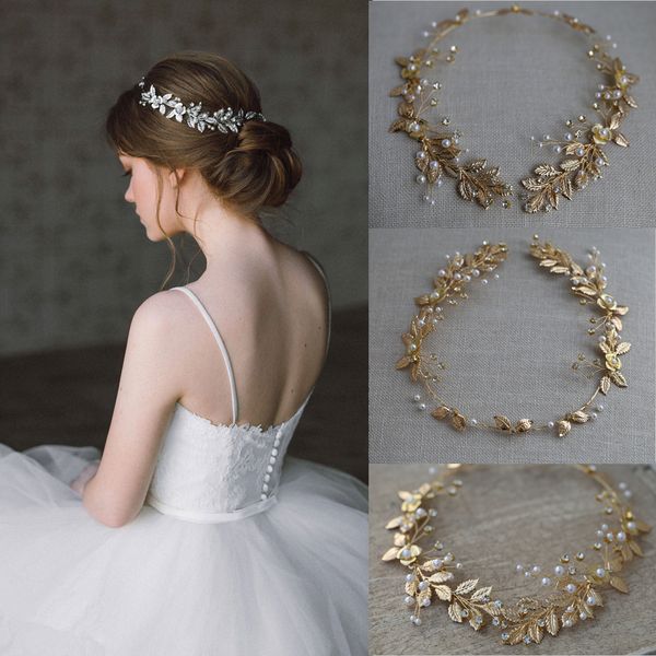 

new crystal pearl headpiece bridal wedding headdress headband handmade leaf hairband for bride party jewelry accessories u95, Golden;white