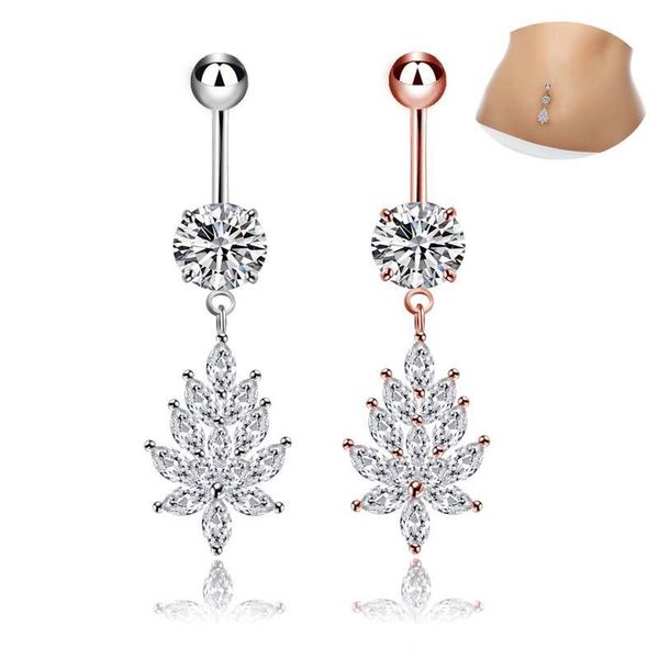 

stainless steel belly dangle ring leaf bell button navel rings simple design rhinestone body piercing fashion jewelry wholesale, Silver