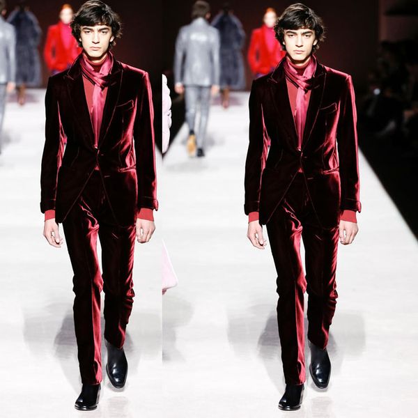 Şarap Kırmızısı Kadife Erkek Düğün Suit Slim Fit Bir Düğme Peaked Yaka Damat Giyim Smokin Örgün Balo Blazer Ceket (Ceket + Pantolon)