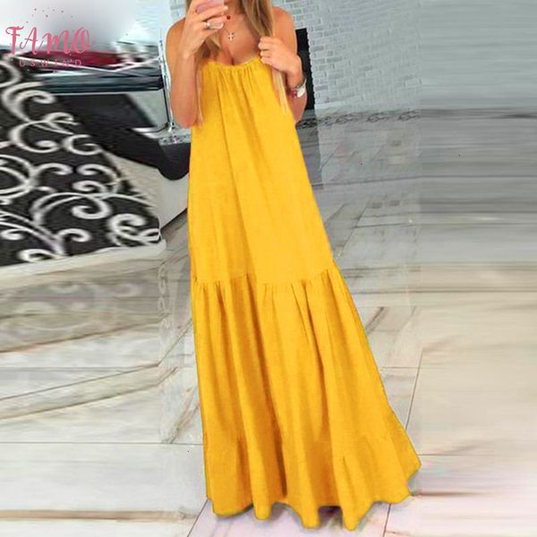 

bohemian women maxi long dress 2020 summer sleeveless spaghetti strap ruffle swings dresses holiday vestido plus size, Black;gray