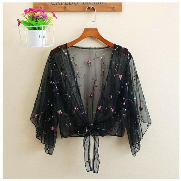 

womens blouses summer floral blouse shirt cardigan thin outwear hollow out blouse cover up blusas femininas elegante, White