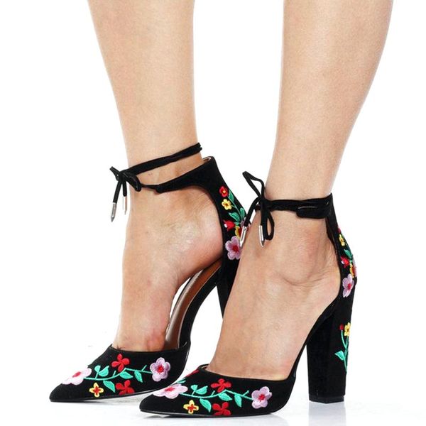 

gtime high heels shoes woman embroidery pumps pointed toe bandage cross-tie 10cm heel elegant ladies party wedding shoes se047, Black