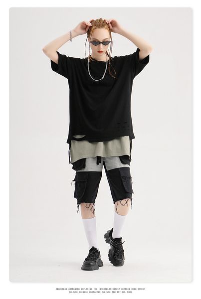 

2020 mens designer t shirt spring and summer tide brand fashion street fall shoulder frayed hole cut 8 color short-sleeved t-shirt-2, White;black