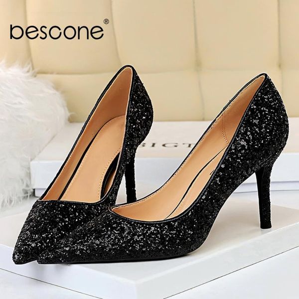 

bescone fashion women pumps pointed toe shiny slip-on super high thin heels mature comfortable shoes shallow stylish pumps bm443, Black