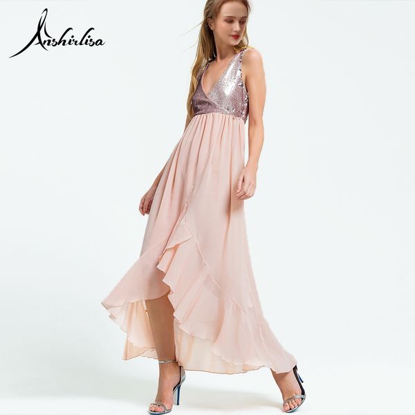 

anshirlisa women's pink chiffon silver sequin evening dress long ankle length ribbon elegant prom gown birthday sweet party gown, White;black
