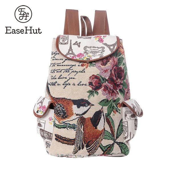 

easehut women canvas backpack embroidery floral animal iron tower adjustable drawstring pockets multifunction casual knapsack