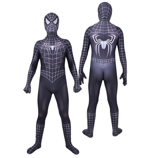 

High Quality Adult Kids Raimi Symbiote Spider-Man Cosplay Costume Halloween Black Spiderman Superhero Lycar Zentai Bodysuit Catsuit Jumpsuit