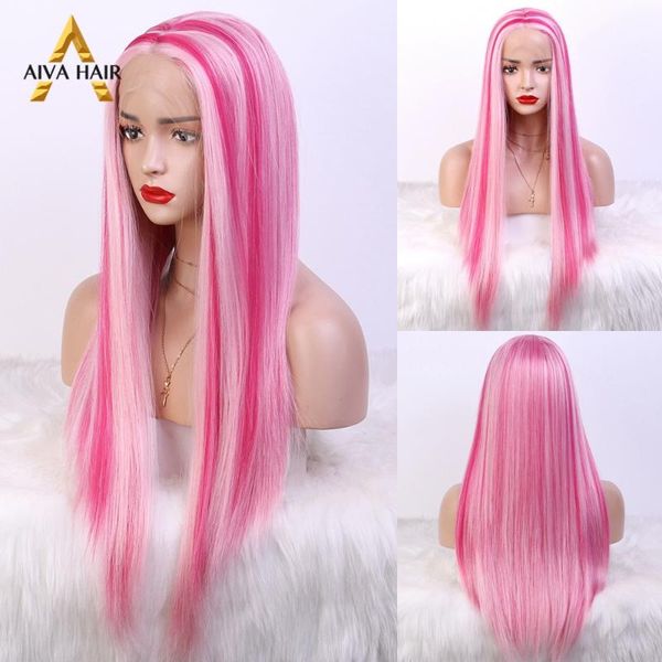 

aiva hair fast shipping highlight pink wig heat resistant synthetic lace front wig middle-part long straight for women, Black