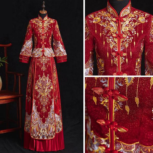 

long sleeve ancient vestidos cheongsam beads novelty women qipao costume chinese style embroidery evening pleated dress, Red