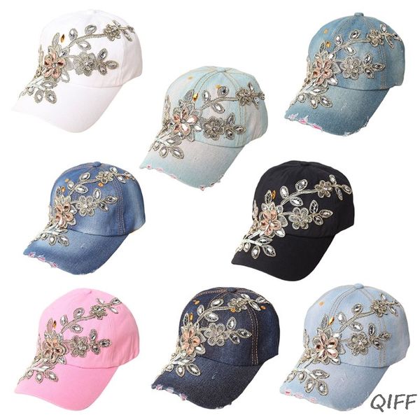 

canvas baseball hats for women female flower rhinestone denim cap fashion peaked cap, Blue;gray