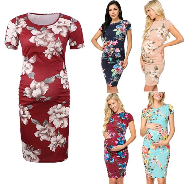 

wholesale maternity dresses pregnancy clothes floral style ruching abdominal scoop neck pregnant women clothing, White