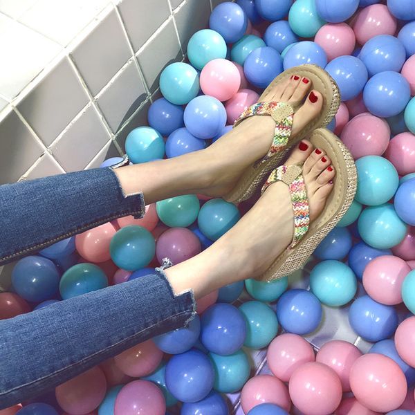 

bohemia floral beach sandals wedge platform thongs slippers flip flops suummer shose for women girls, Black