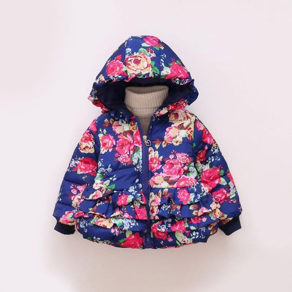 

winter girls hooded jacket printed flowers zipper winter coat for girls kids padded jacket casual children's outerwear, Blue;gray