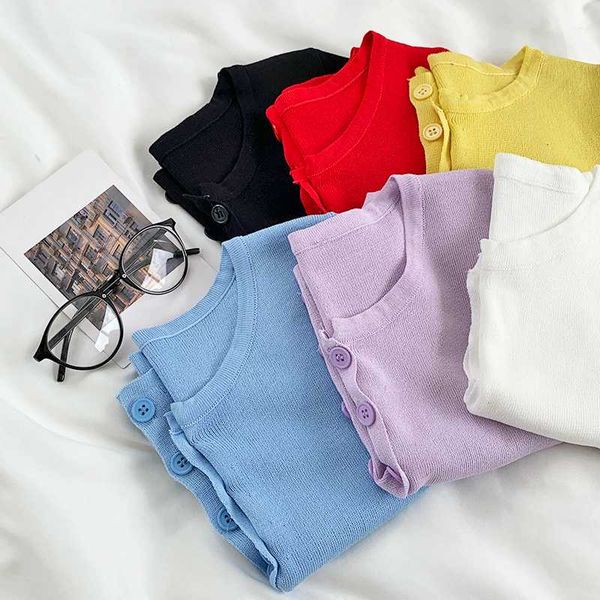 

thin knit single breasted cardigan short sleeve slim top, White