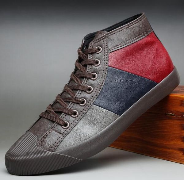 

new design men street fashion lace up high patchwork leather casual shoes men leather shoes trend loafers, Black