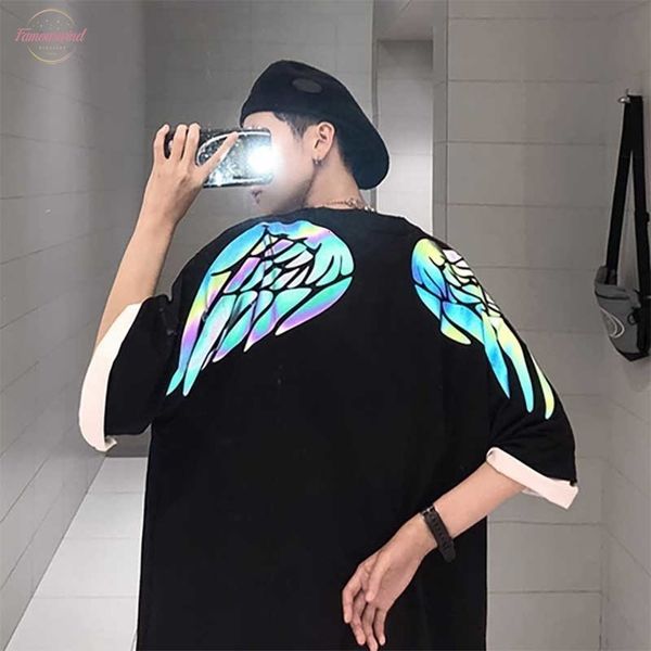 

ins grilfriend oversize short sleeves couple clothes reflective wing print harajuku t shirt men women fashion p, White