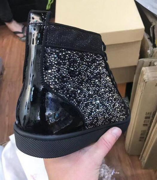 

new multicolor glitter rhinestone red bottom luxury shoes for women men designer sneakers lovers genuine leather shoes, Black