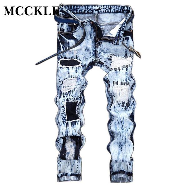

wholesale- mcckle embroidery lightblue mens fashion jeans pants distressed denim motorcycle designer pants streetwear patch man jeans, Blue