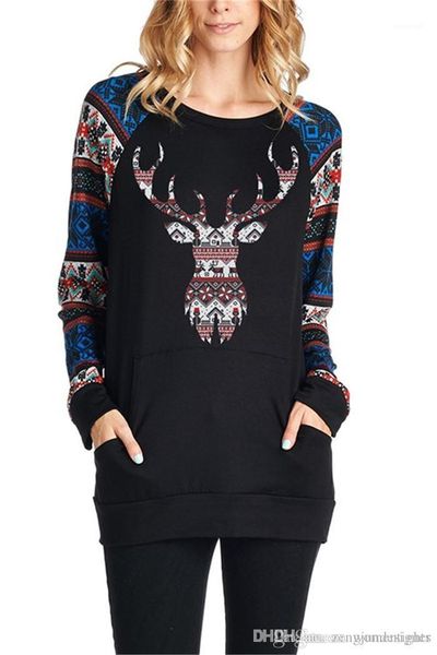

casual apparel womens deer print desinger tshirts christmas styel long sleeve crew neck female clothing festival style, White