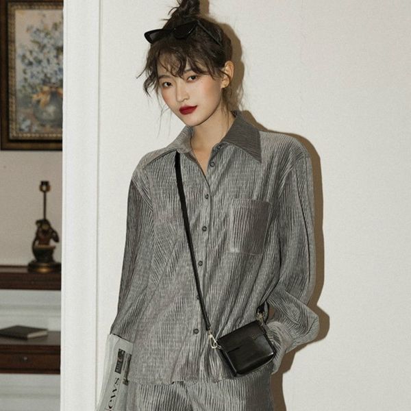 

solid color lapel single breasted velvet women shirt vintage loose popular crumple tide 2020 new spring pc873, White
