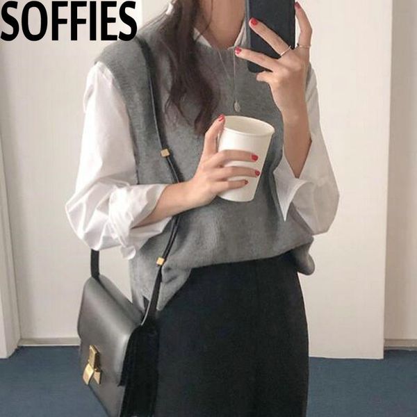 

2019 autumn beige round neck sleeveless knitting vest korean fashion sleeveless sweaters gray color waistcoat, Black;white