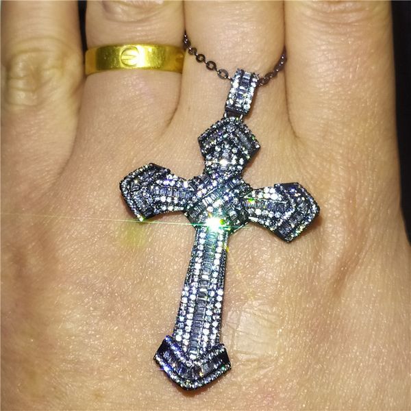 Ciondolo grande croce di lusso con collana in oro nero riempito argento 925 trasparente 5A Cz pendenti da sposa per donna gioielli da uomo