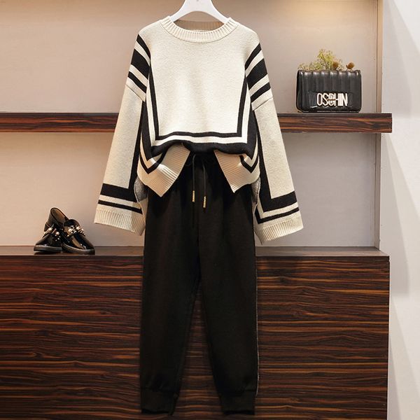 

women warm tracksuit casual matching set outfit plus size two piece autumn winter loose sweater and slim wool harem pants suits, White