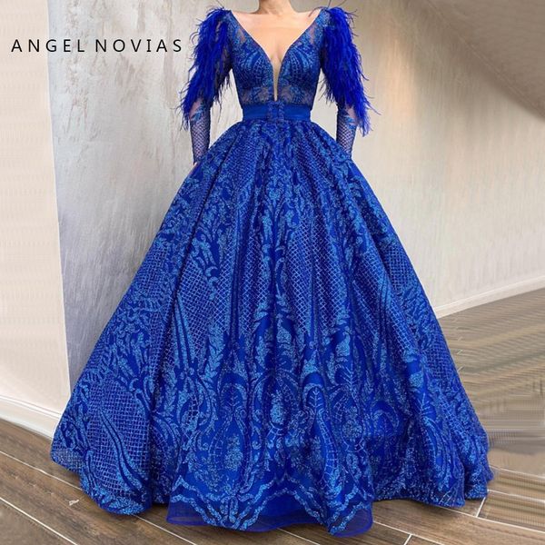 

angel novias long sleeves ball gown royal blue evening dress 2019 kaftan dubai with feather vestido formatura long party dress, White;black