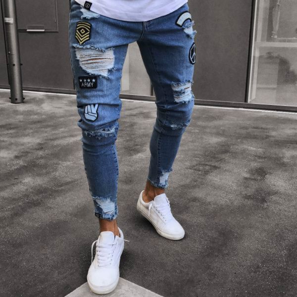 

jeans men's fashion new embroidered hole tight skinny jeans men's jersey slim straight straight edged large size s-3xl trousers, Black