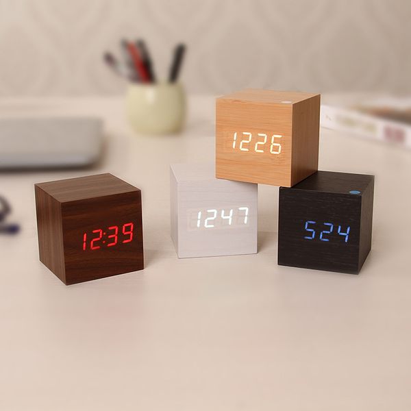 

digital fashion led wooden square desk alarm clock voice control calendar modern timer home decoration