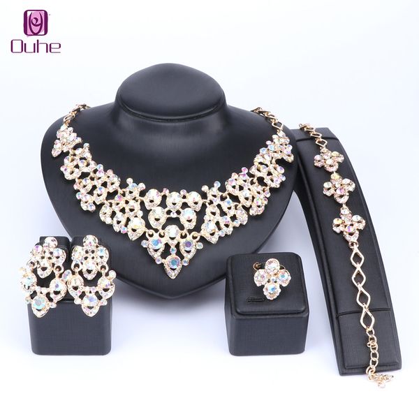 

ouhe luxury ab color crystal bridal jewelry sets dubai gold color fashion wedding jewelry necklace bracelet earrings ring sets, Slivery;golden