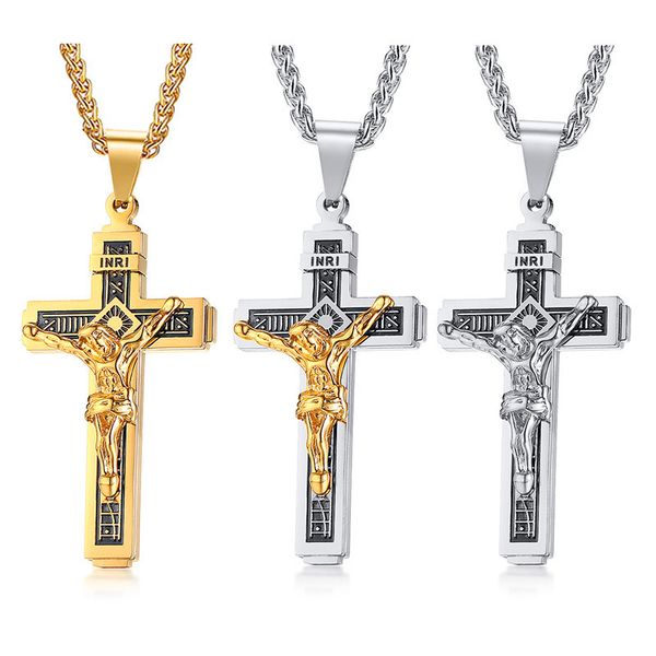 

stainless steel cross pendant necklaces for men crucifix inri prayer christian collar lucky accessory catholic jesus jewelry, Silver