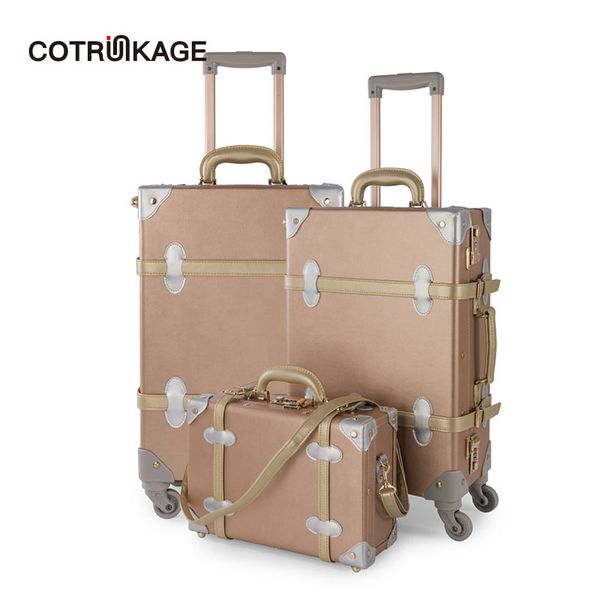 

cotrunkage 3 pieces rose gold retro pu leather suitcase set 13" 20" 26" women trunk vintage luggages girls rolling luggage se