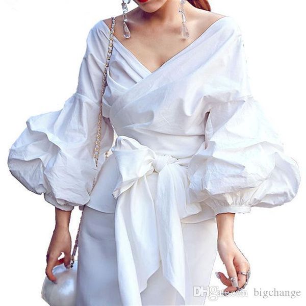 

sexy v шеи скрещенных бинтов женщина рубашки урожай фонарь рукав лук блуза черный плед белой рубашка high blusas, White